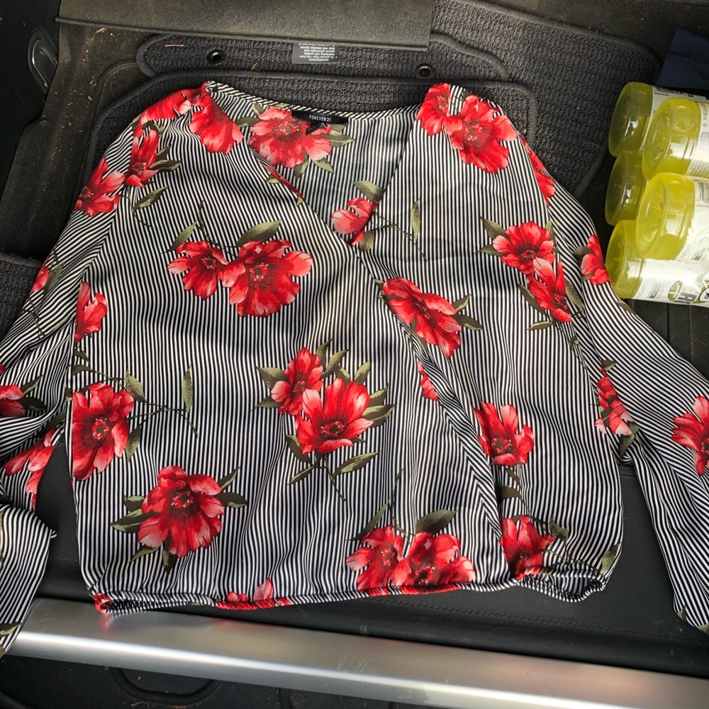 Black/white striped blouse with red flowers